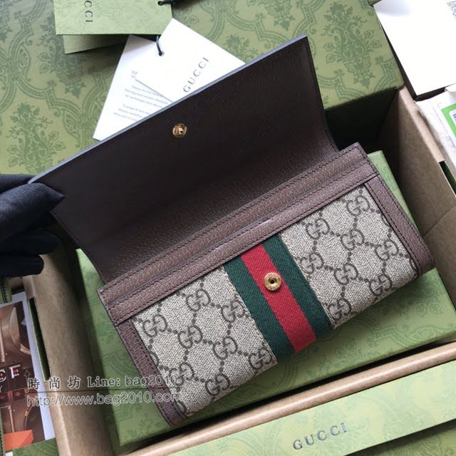 Gucci原厂皮包包 古驰男女GG印花红绿织带翻盖短款钱包 Gucci短夹零钱包 523153  gdj1734